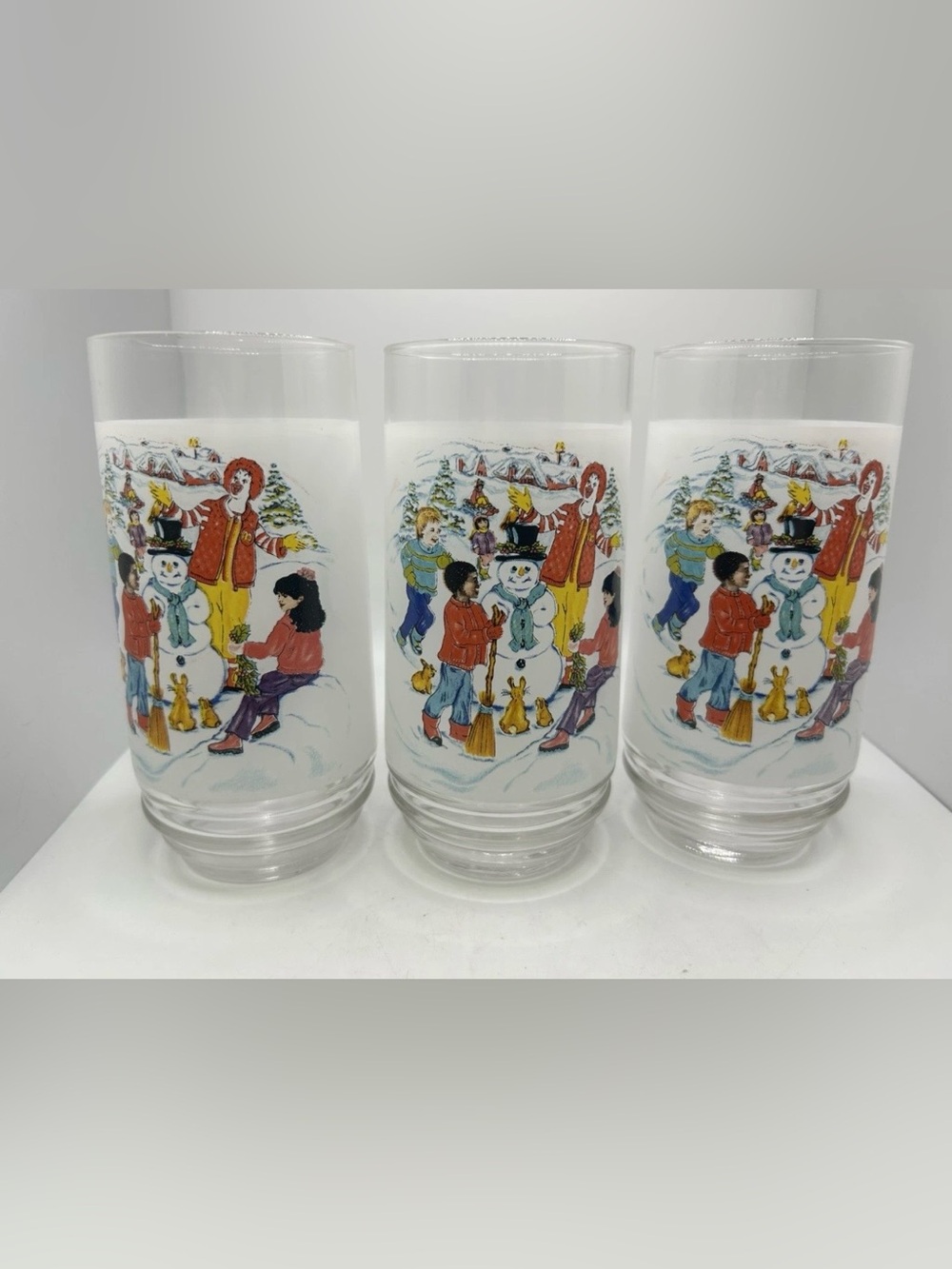 Set Of 3 VTG 6”  Ronald Mcdonald Glasses W/Ronald & Friends Building A Snowman